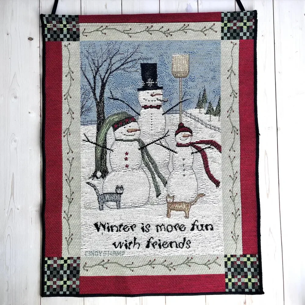 Vintage Tapestry Snowman Theme Tapestry Wall Hangings & Mini Pillow Lot Mismatch